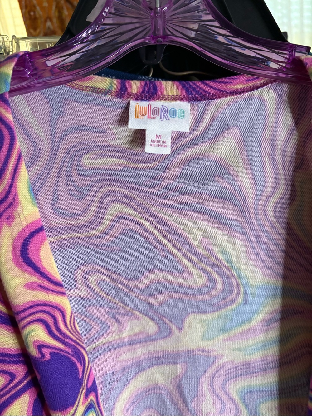 LuLaRoe Purple Pink Yellow Swirl Cardigan - Picture 3 of 5